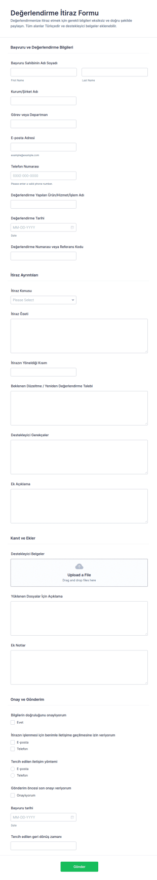 Değerlendirme İtiraz Form Şablonu