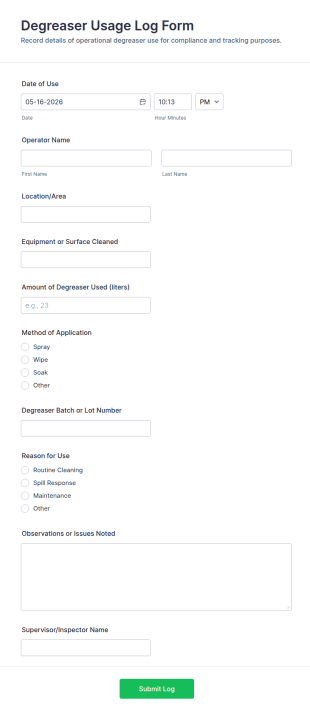 Degreaser Usage Log Form Template