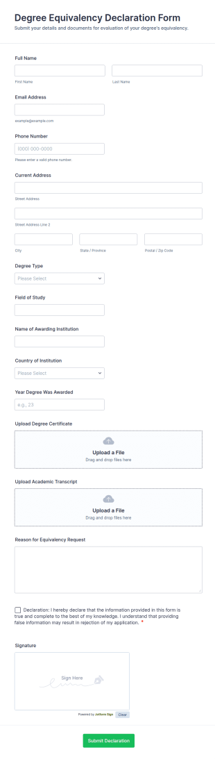 Degree Equivalency Declaration Form Template