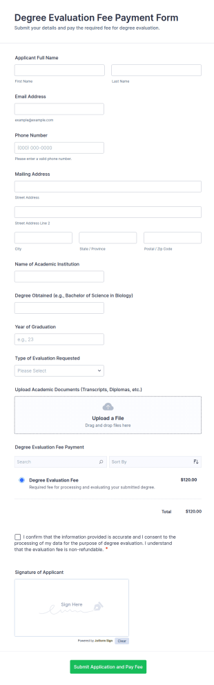 Degree Evaluation Fee Payment Form Template