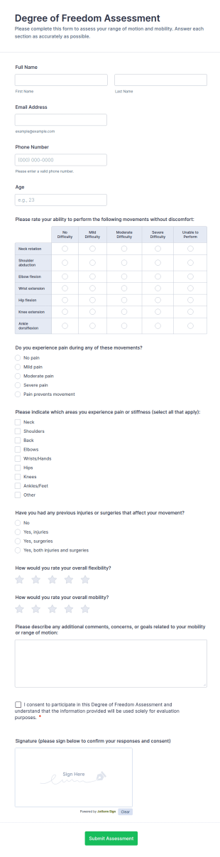 Degree Of Freedom Assessment Form Template
