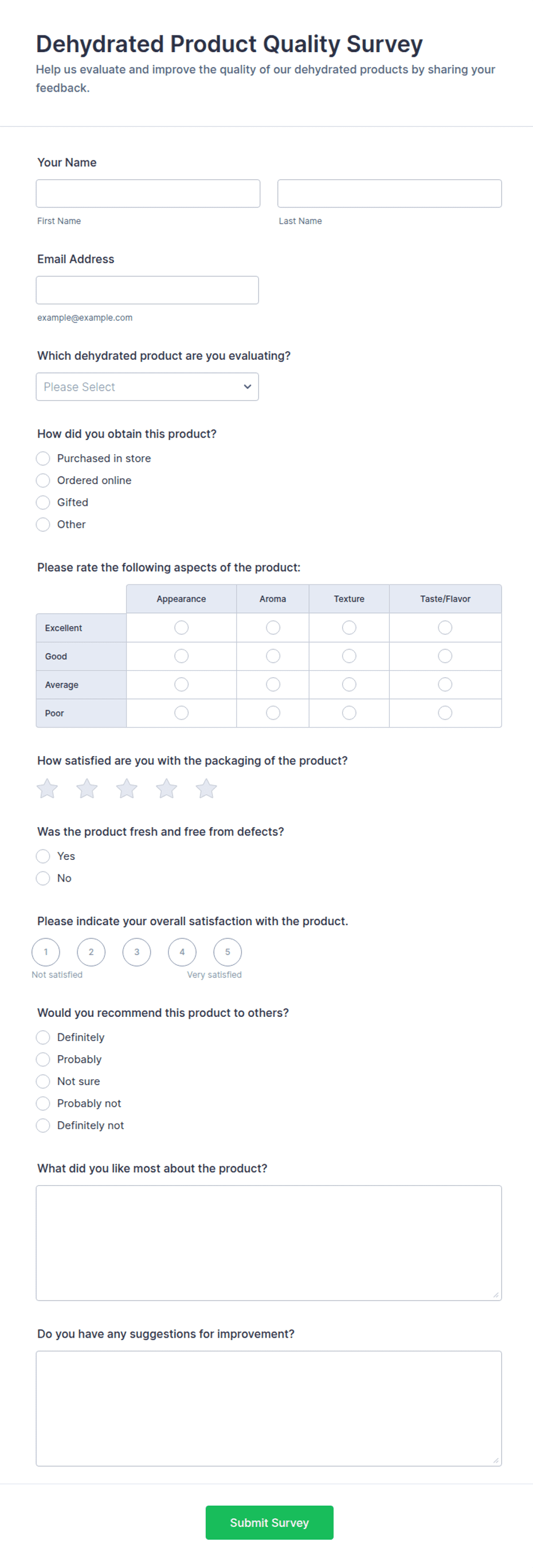 Dehydrated Product Quality Survey Form Template | Jotform
