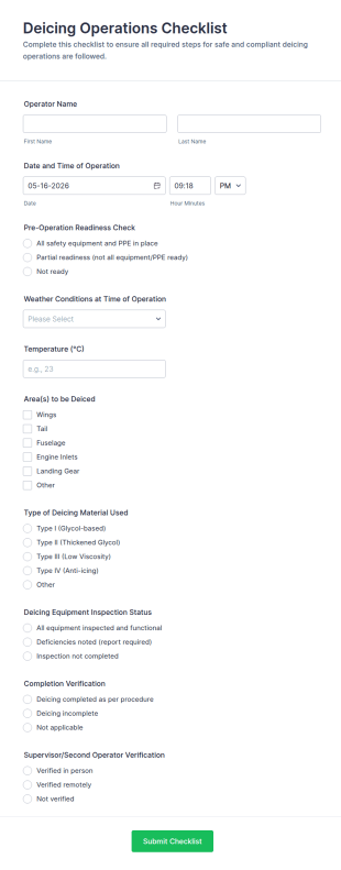 Deicing Operations Checklist Form Template