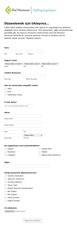 Dekorasyon İş Başvuru Form Template