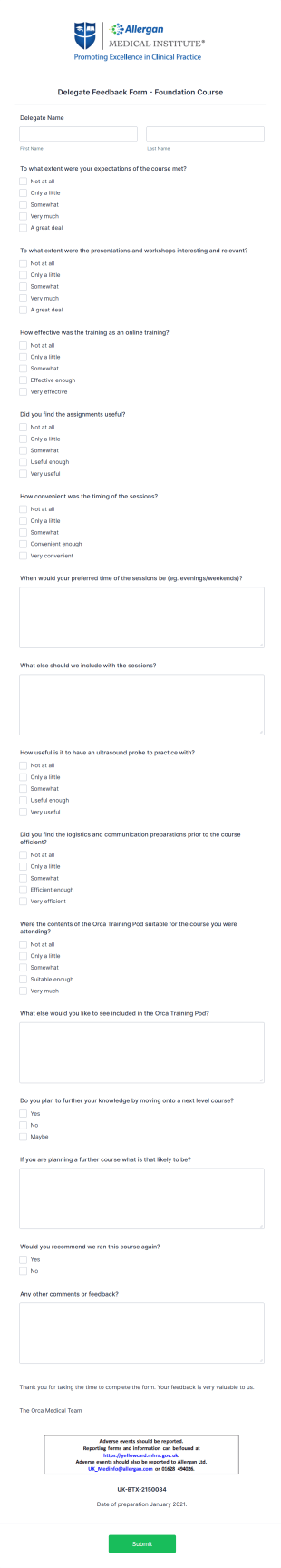 Intermediate Course Delegate Feedback Form Template