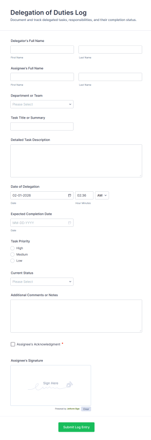 Delegation Of Duties Log Form Template