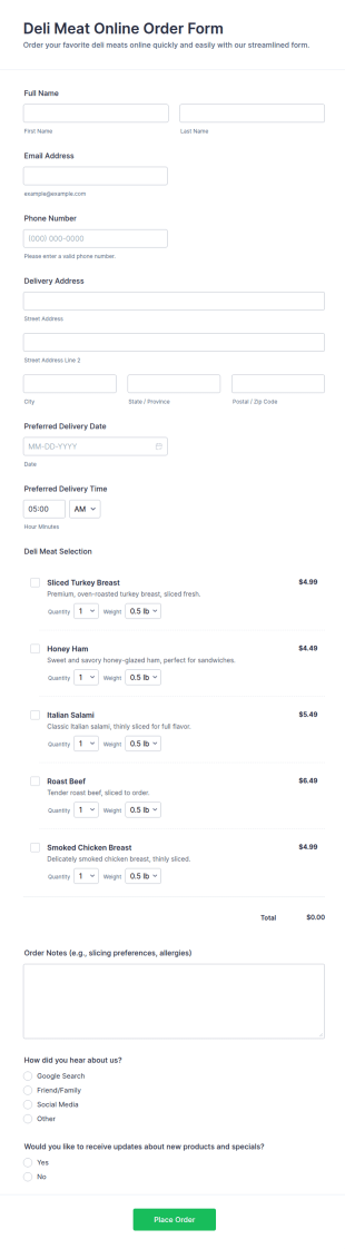 Deli Meat Online Order Form Template