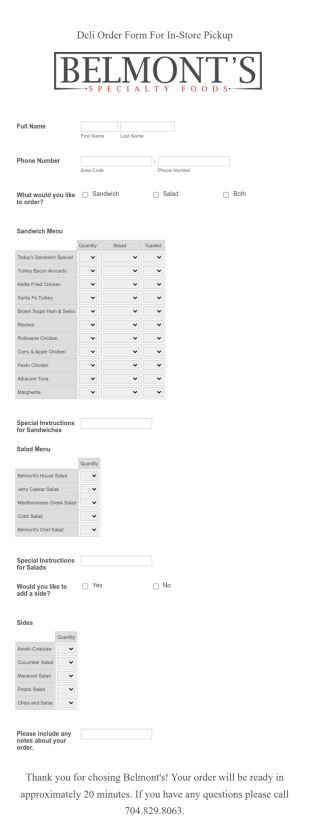 Deli Order Form For In Store Pickup