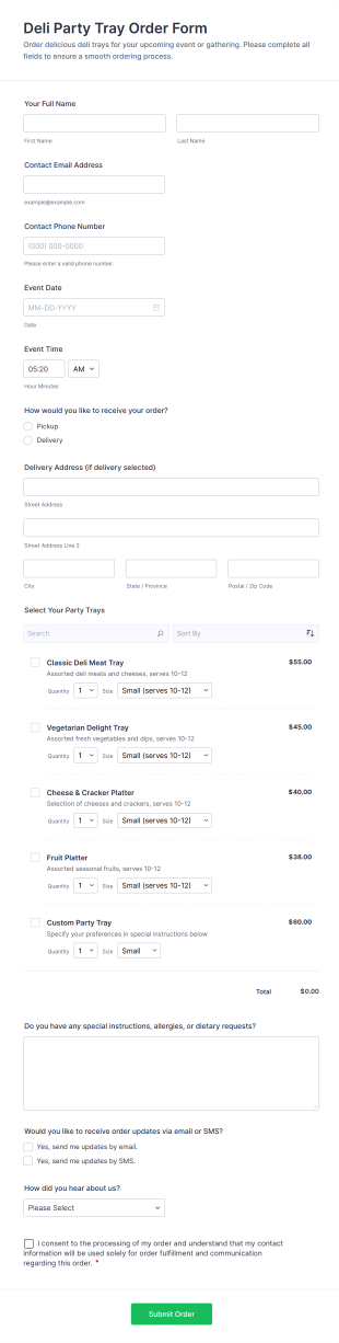 Deli Party Tray Order Form Template