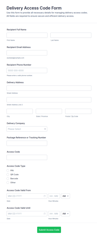 Delivery Access Code Form Template