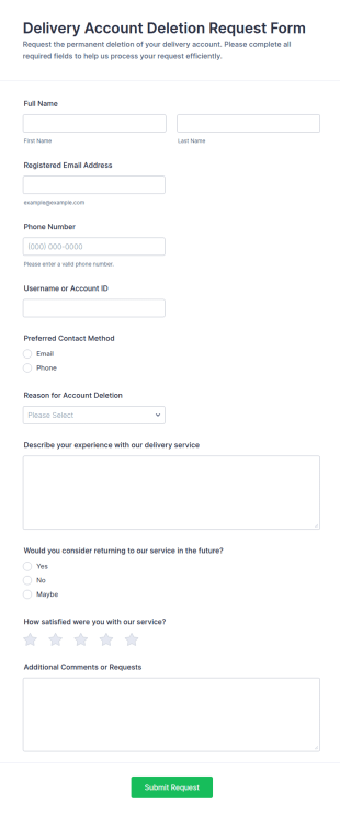 Delivery Account Deletion Request Form Template
