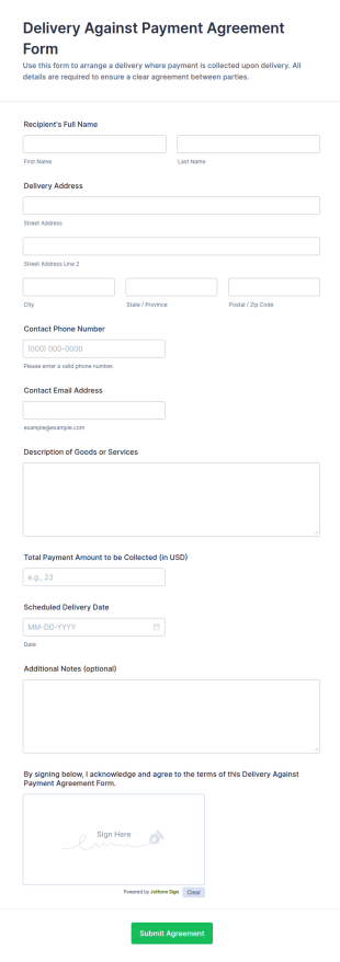 Delivery Against Payment Agreement Form Template