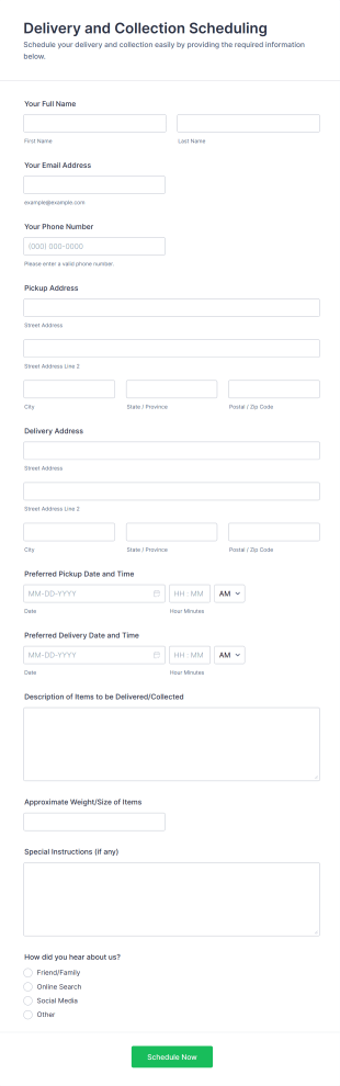 Delivery And Collection Scheduling Form Template