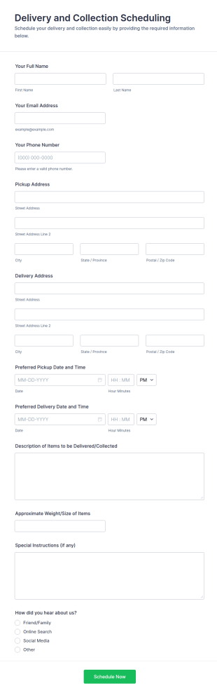 Delivery And Collection Scheduling Form Template