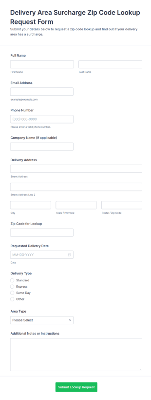 Delivery Area Surcharge Zip Code Lookup Request Form Template