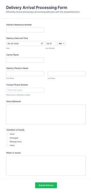 Delivery Arrival Processing Form Template