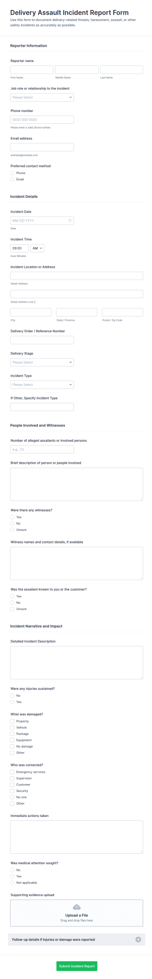 Delivery Assault Incident Report Form Template