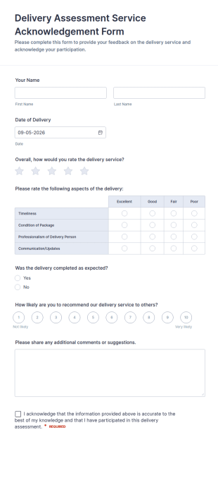 Delivery Assessment Service Acknowledgement Form Template