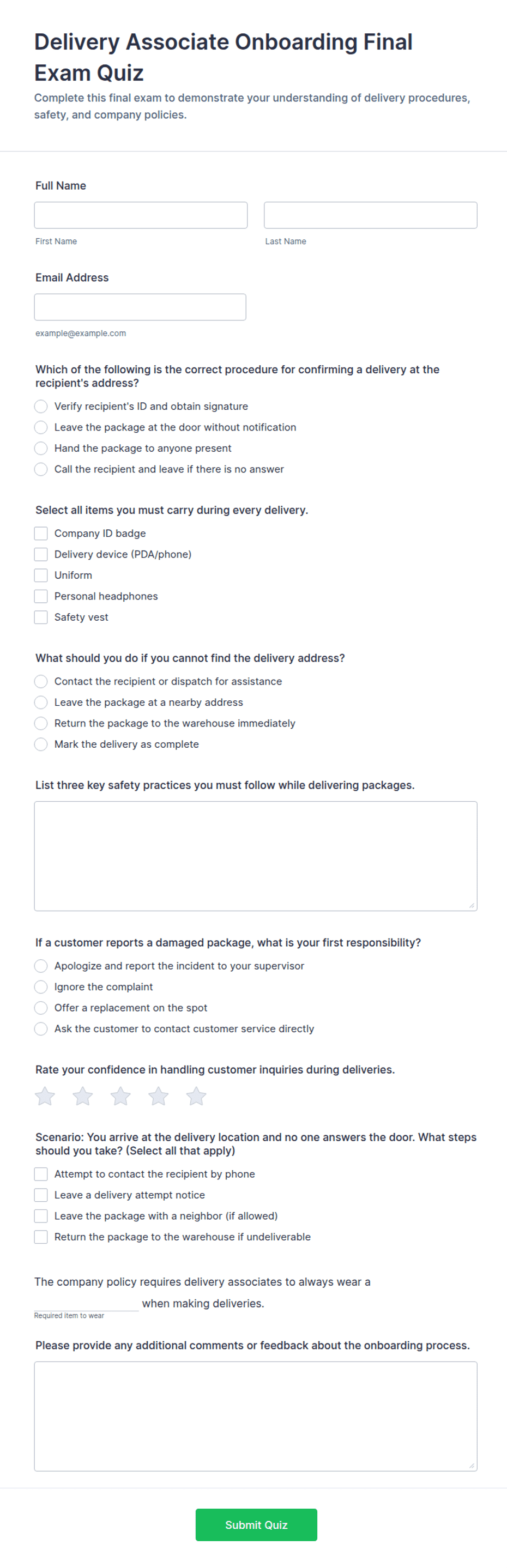 Delivery Associate Onboarding Final Exam Quiz Form Template | Jotform