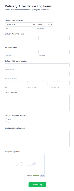 Delivery Attendance Log Form Template