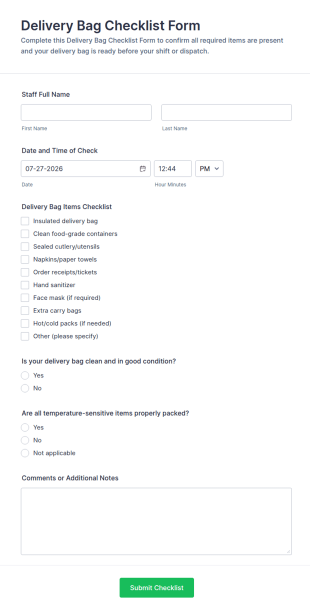 Delivery Bag Checklist Form Template