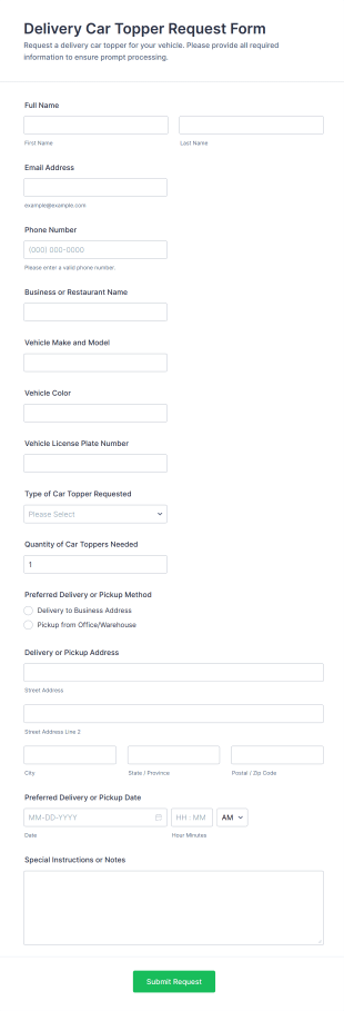 Delivery Car Topper Request Form Template