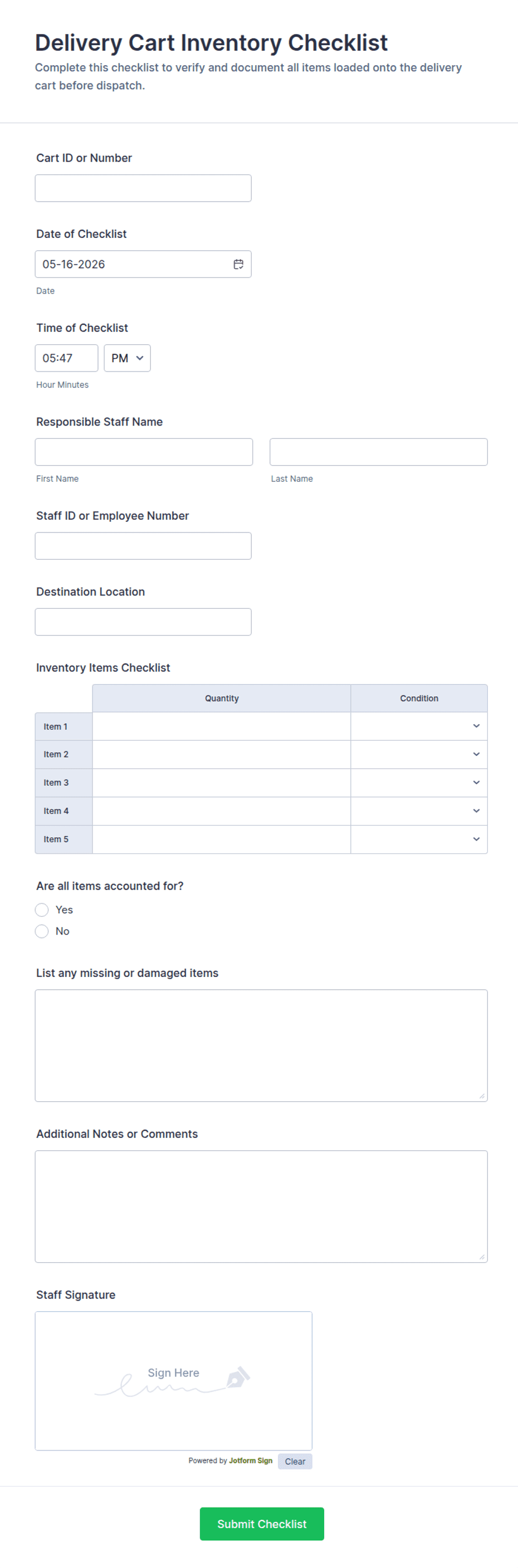 Delivery Cart Inventory Checklist Form Template | Jotform