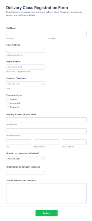 Delivery Class Registration Form Template