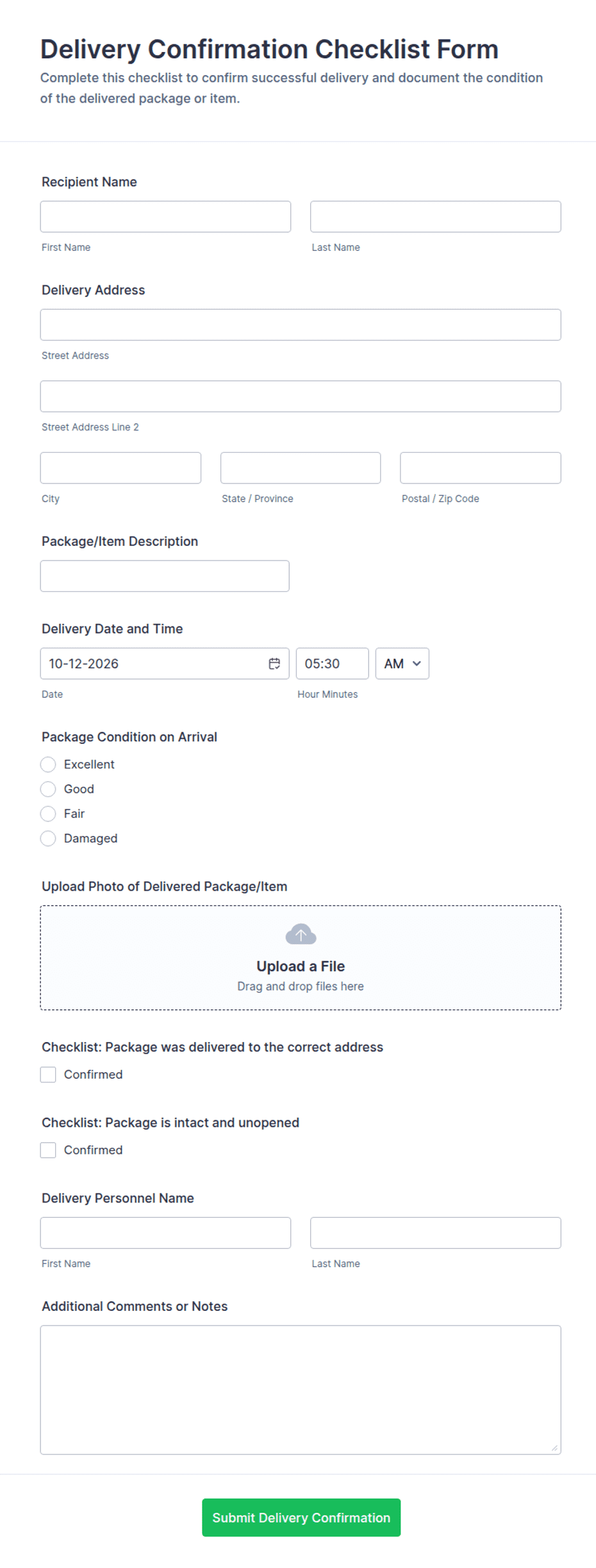 Delivery Confirmation Checklist Form Template | Jotform