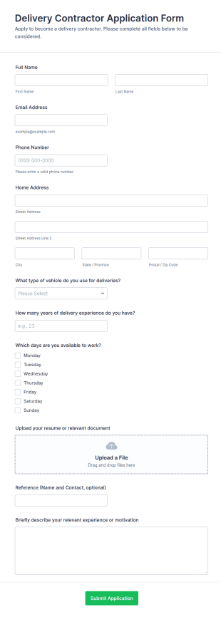 Delivery Contractor Application Form Template