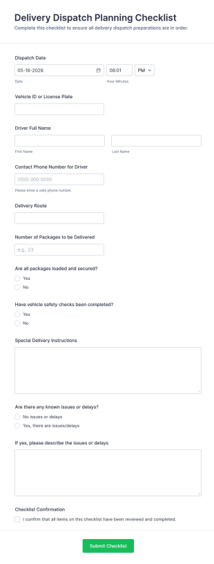 Delivery Dispatch Planning Checklist Form Template