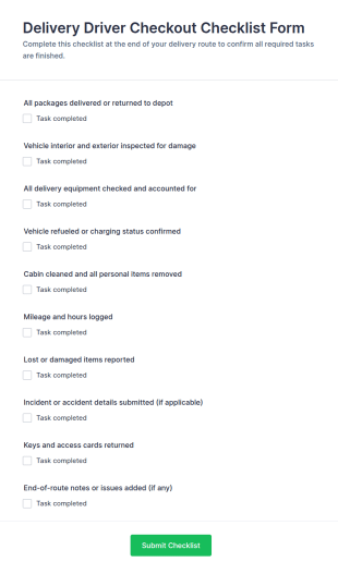 Delivery Driver Checkout Checklist Form Template