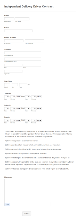 Delivery Driver Contract Form Template