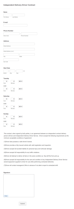 Delivery Driver Contract Form Template