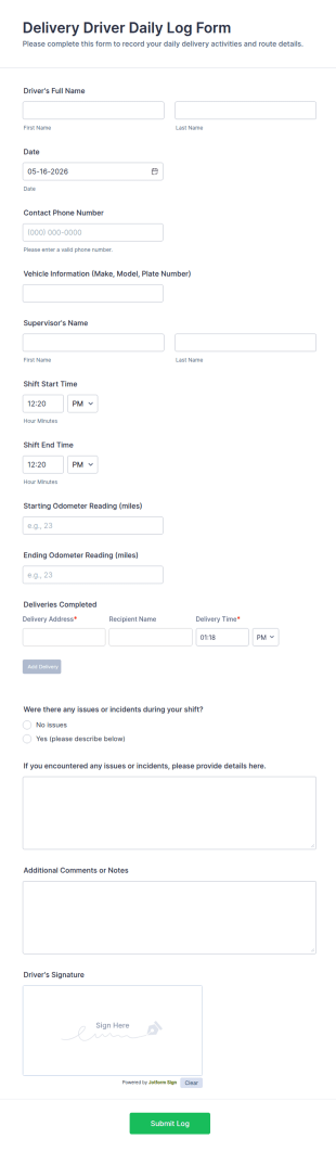 Delivery Driver Daily Log Form Template