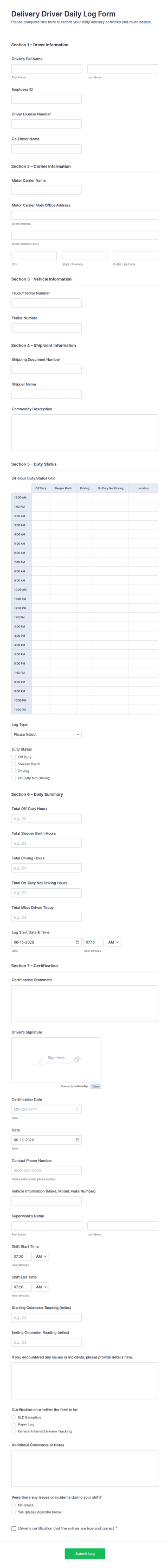 Delivery Driver Daily Log Form Template