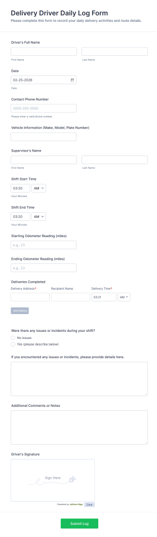 Delivery Driver Daily Log Form Template