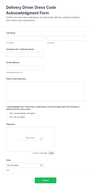 Delivery Driver Dress Code Acknowledgment Form Template