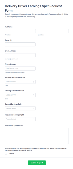 Delivery Driver Earnings Split Request Form Template