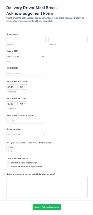 Delivery Driver Meal Break Acknowledgement Form Template