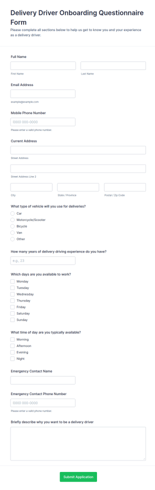 Delivery Driver Onboarding Questionnaire Form Template