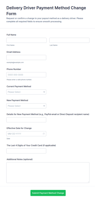 Delivery Driver Payment Method Change Form Template