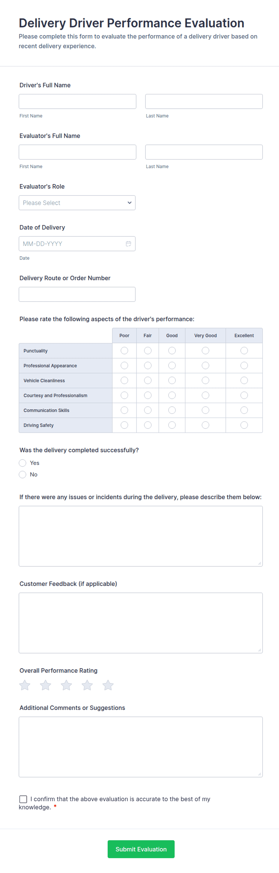 Basic Delivery Driver Review Form Delivery Driver Performance Evaluation Form Template | Jotform