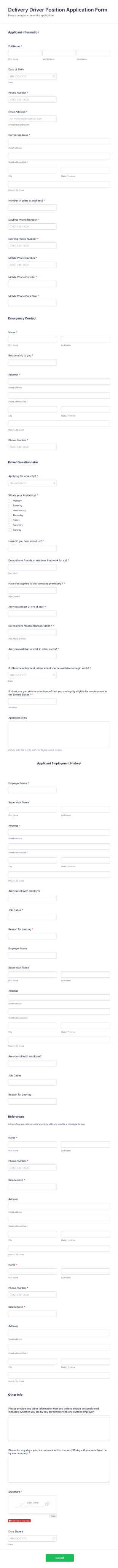 Delivery Driver Position Application Form Template