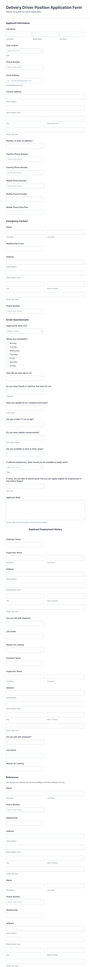 Delivery Driver Position Application Form Template
