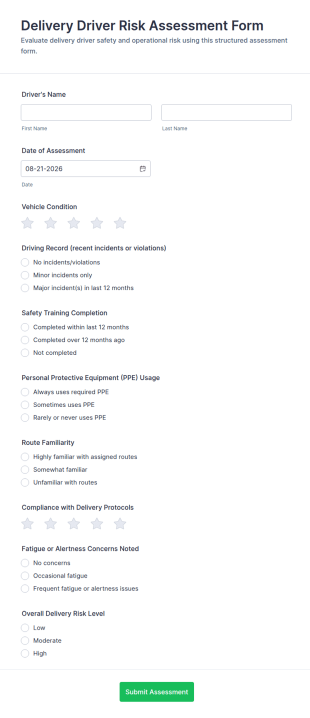 Delivery Driver Risk Assessment Checklist Form Template