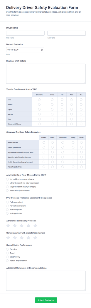 Delivery Driver Safety Evaluation Form Template