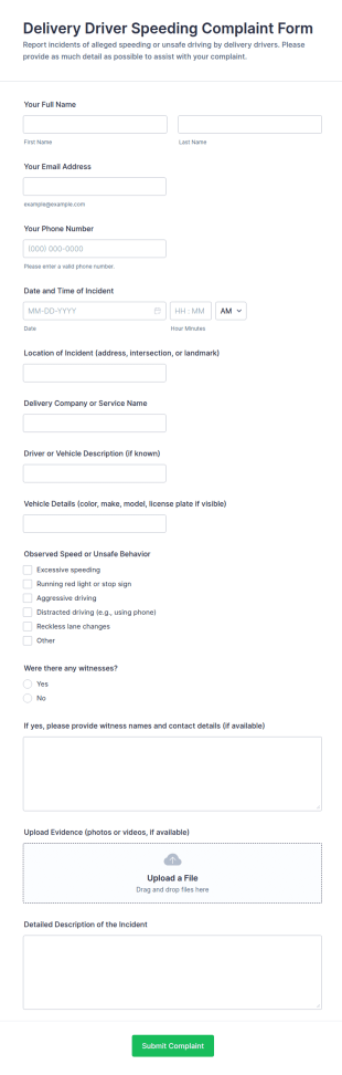Delivery Driver Speeding Complaint Form Template