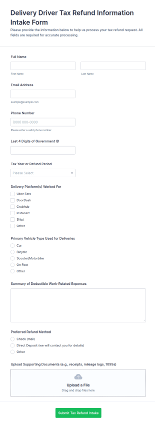 Delivery Driver Tax Refund Information Intake Form Template