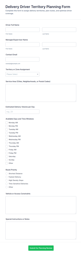 Delivery Driver Territory Planning Form Template